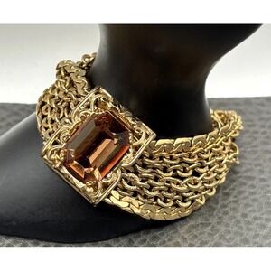 Vintage Napier Ornate Faux Smoky Topaz Crystal Multi Chain Bracelet Gold Tone